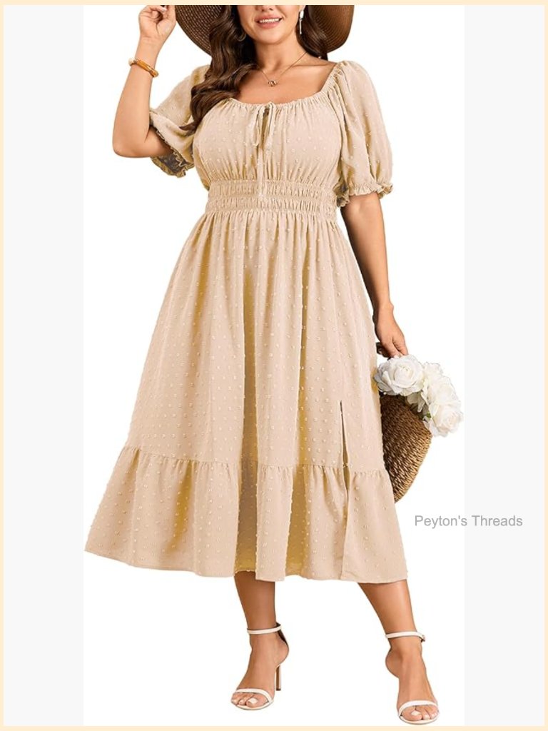 Plus Size Swiss Dot Maxi Dress Square Neck Tie Front A Line Side Slit